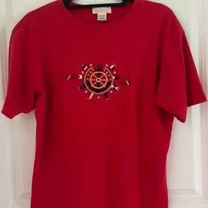 Red short sleeve 100% cotton  t shirt with nautical embroidered emblem.